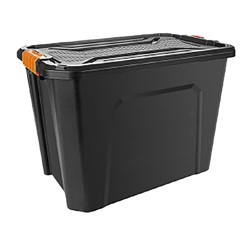 Caja de almacenamiento de plástico con tapa y asas, color negro