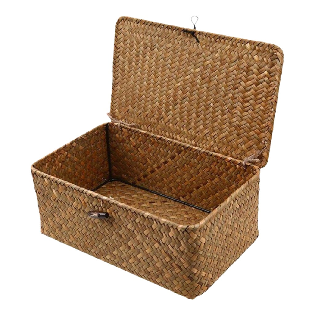 Caja de almacenamiento de mimbre con tapa, color natural