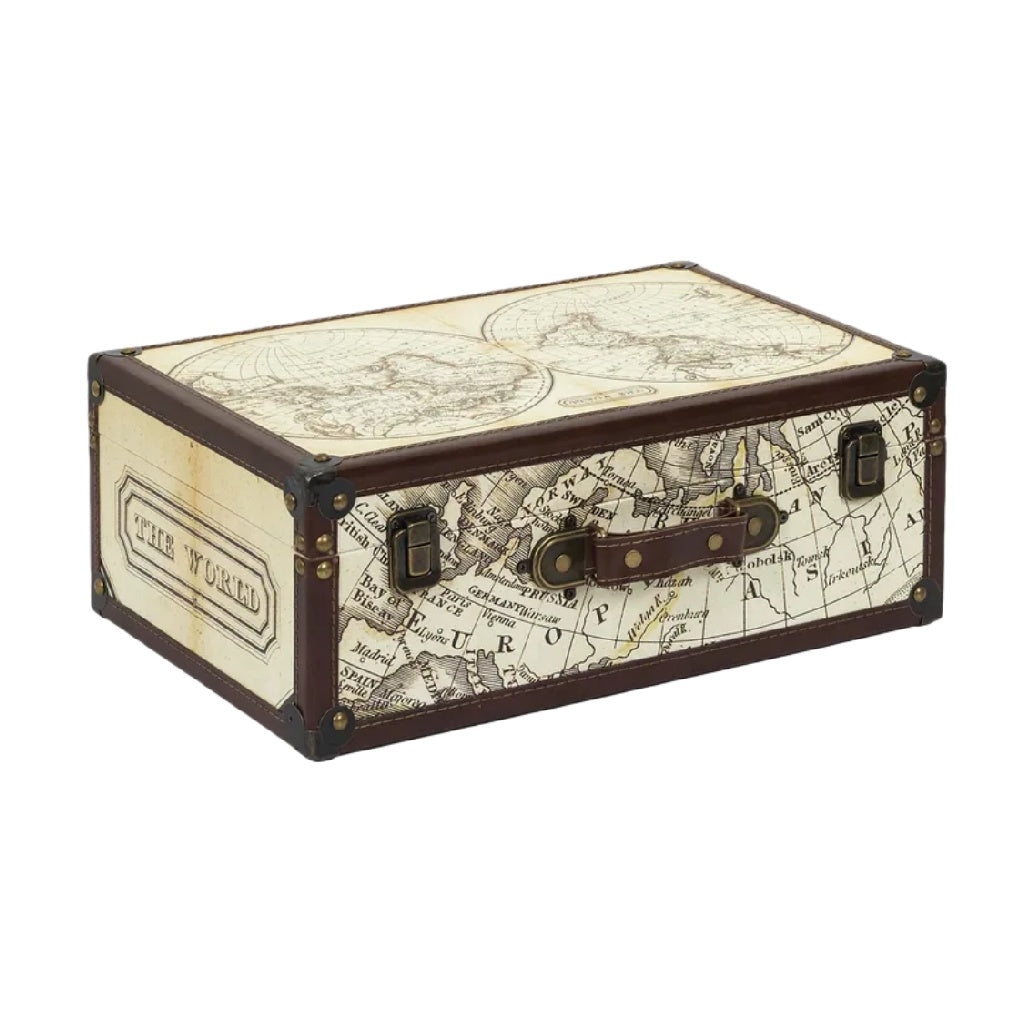 Caja de Almacenamiento con Mapa Mundial Vintage, Esquinas Metálicas y Asa